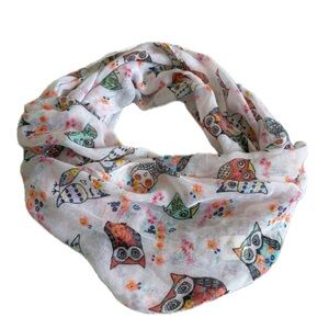 Owl Animal Print Sheer Gauze Infinity Scarf White & Neon colorful Whimsical